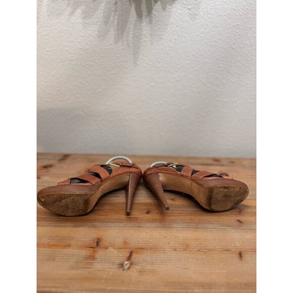 Max Studio Sandals Stiletto Platform Brown Leather Cross Strap Open Toe - Picture 9 of 10